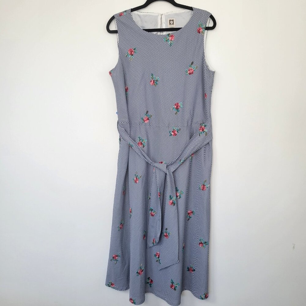 Anne Klein Cotton Blend Gingham Embordered Floral Maxi Dress with Pockets